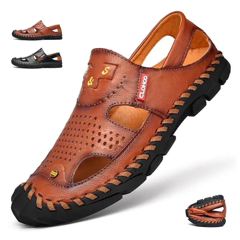 Men Genuine Leather Shoes Men's Sandals Durable Handmade Stitching Close Toe Non Slip Shoes For Indoor Outdoor Beach Casual
