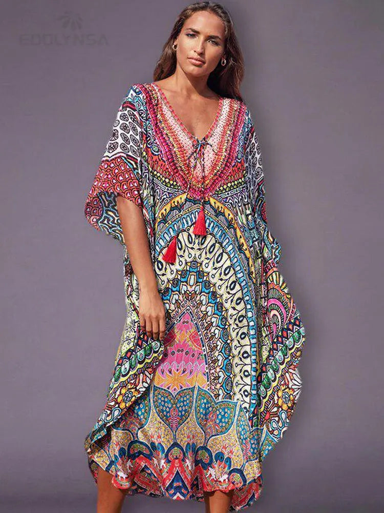 2025 Quick-drying Bohemian Printed Loose Summer Beach Dress Moroccan Kaftan Women Plus Size Beachwear Tassel Midi Dress Q897