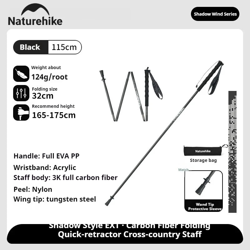 Naturehike Folding Trekking Pole 3K Carbon Fiber Ultralight Collapsible Cane Portable Walking Staff for Outdoor Hiking Sticks