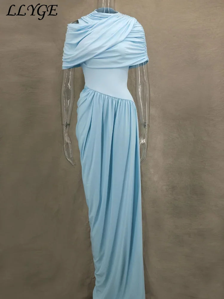 Elegant Shawl Long Party Dress Women Blue Asymmetric High Waist Pleated Female Beach Dresses 2025 Spring Summer Evening Gowns