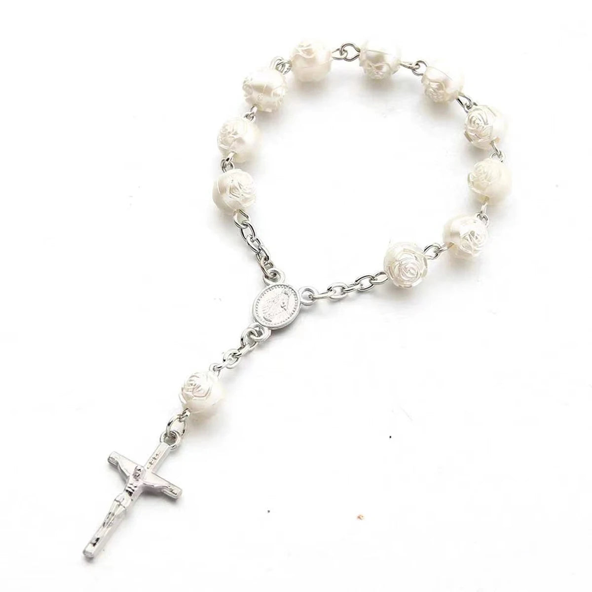 1Pcs Baby 6mm Glass Pearl Rosary Bracelet Eucharist Gift Cross Finger Chain Religion Mini Rosary Bracelet Pray