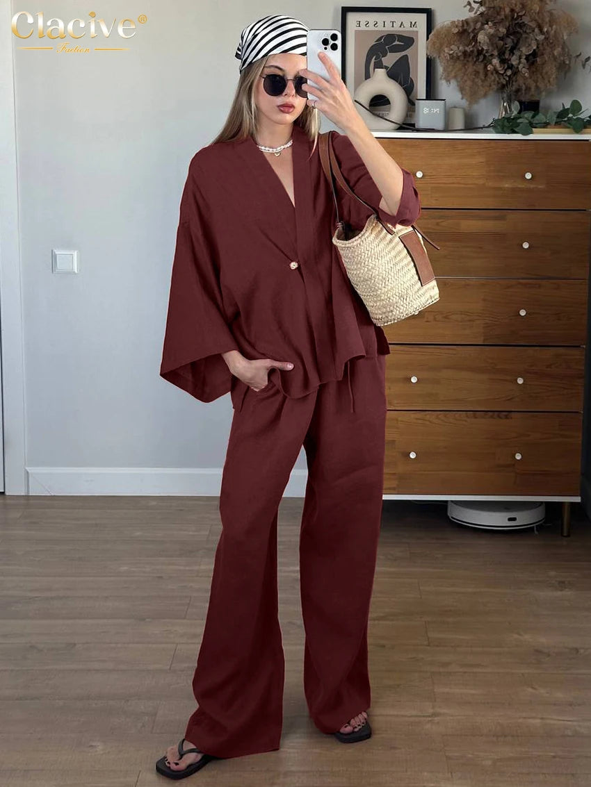 Clacive Fashion Loose Red Cotton Women's Two Pieces Set 2025 Elegant Long Sleeve Shirt With High Waist Wide Pants Set Female