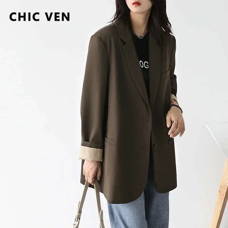 CHIC VEN Autumn New Fashion Women's Blazer Casual College Style Solid Color Office Lady Coat Long Sleeve Loose Women Clothes Top