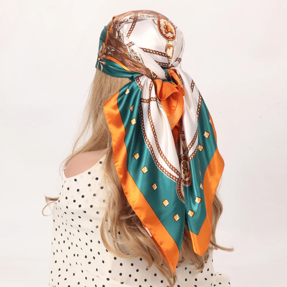 Silk Head Scarf Women Luxury Fashion Hair Scarve Summer Foulard Femme Satin Shawl Kerchief 90cm Square Headscarf Bandana Cheveux