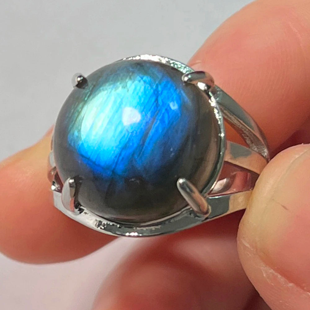 Ring Natural Stone Round Bead Blue Labradorite Adjustable Finger