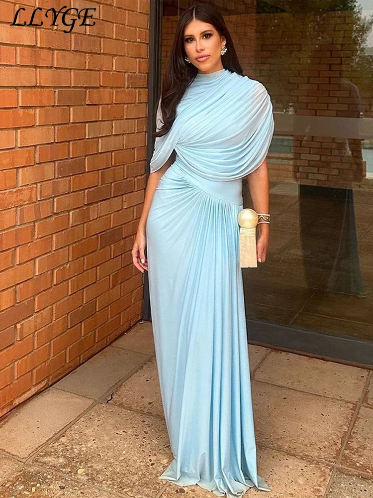 Elegant Shawl Long Party Dress Women Blue Asymmetric High Waist Pleated Female Beach Dresses 2025 Spring Summer Evening Gowns