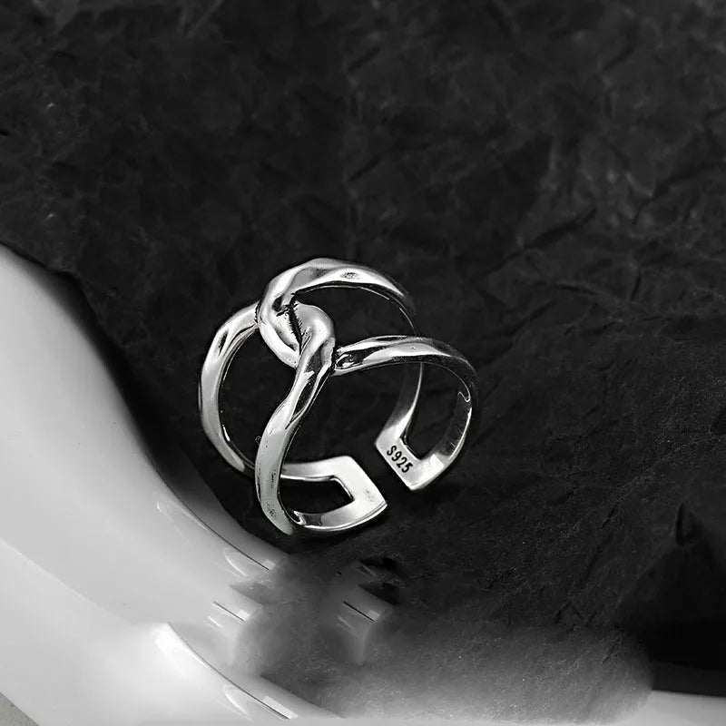 925 Sterling Silver Simple Retro Cross Lines Rings For Women Geometric Fashion Smiple Open Handmade Allergy Party Jewelry Gift