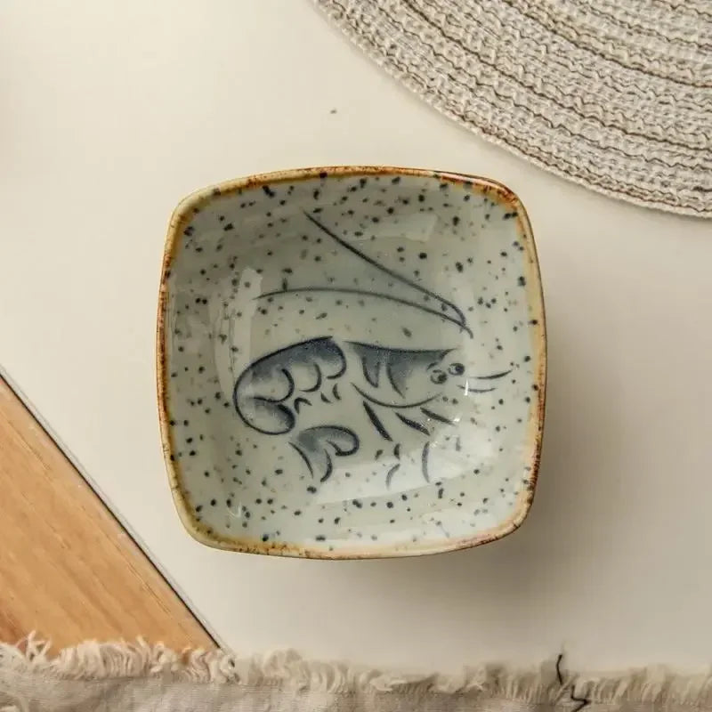 Japanese Cartoon Antique Seasoning Dishes Ceramic Square Plate Creative Cartoon Seafood Sauce Dish Home Kitchen Tableware