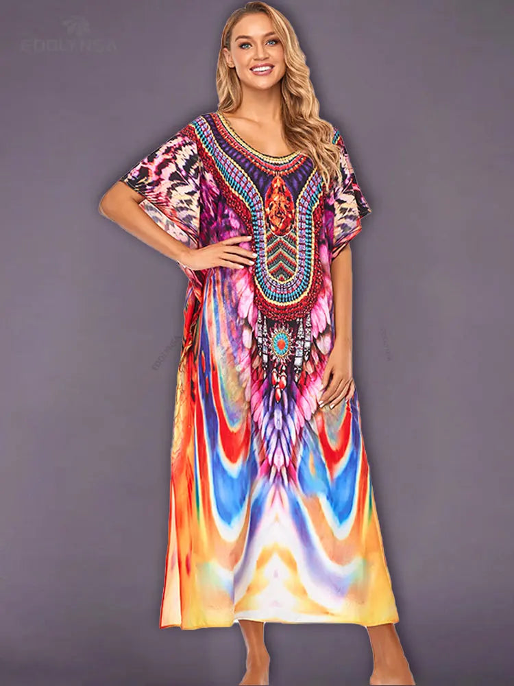 2025 Quick-drying Bohemian Printed Loose Summer Beach Dress Moroccan Kaftan Women Plus Size Beachwear Tassel Midi Dress Q897