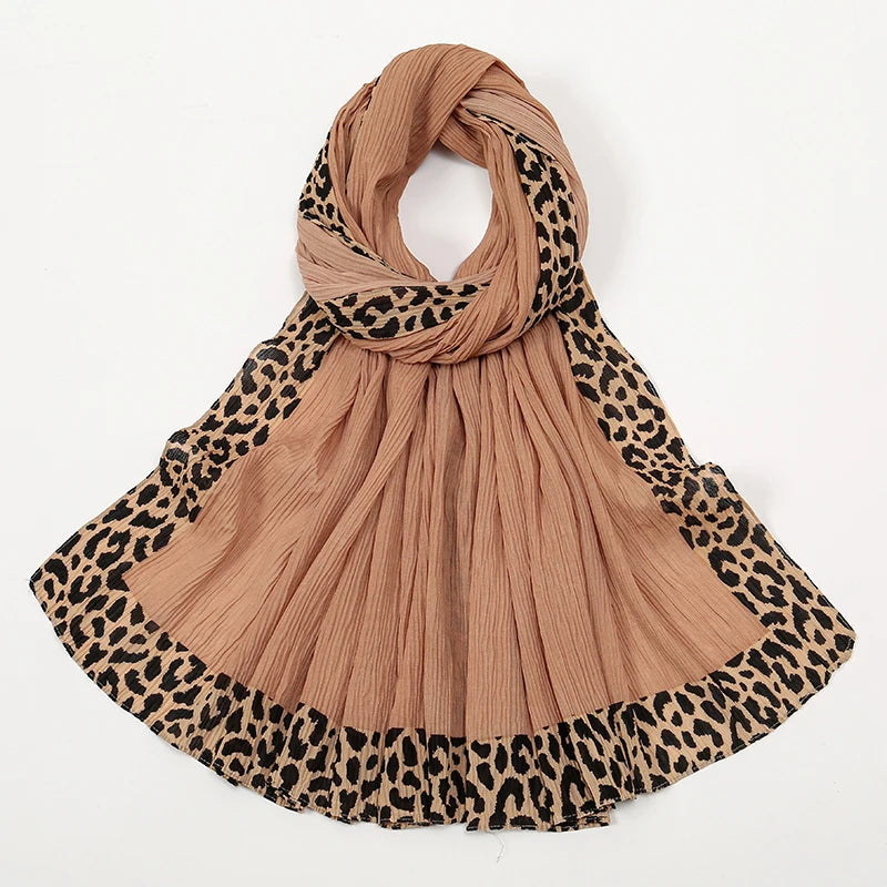 Hot Leopard Print Wrinkles Hijab Scarf Polyester Muslim Woman Hijab Shawls Lady Soft Long Wraps Femme Elegant Bandana Turban