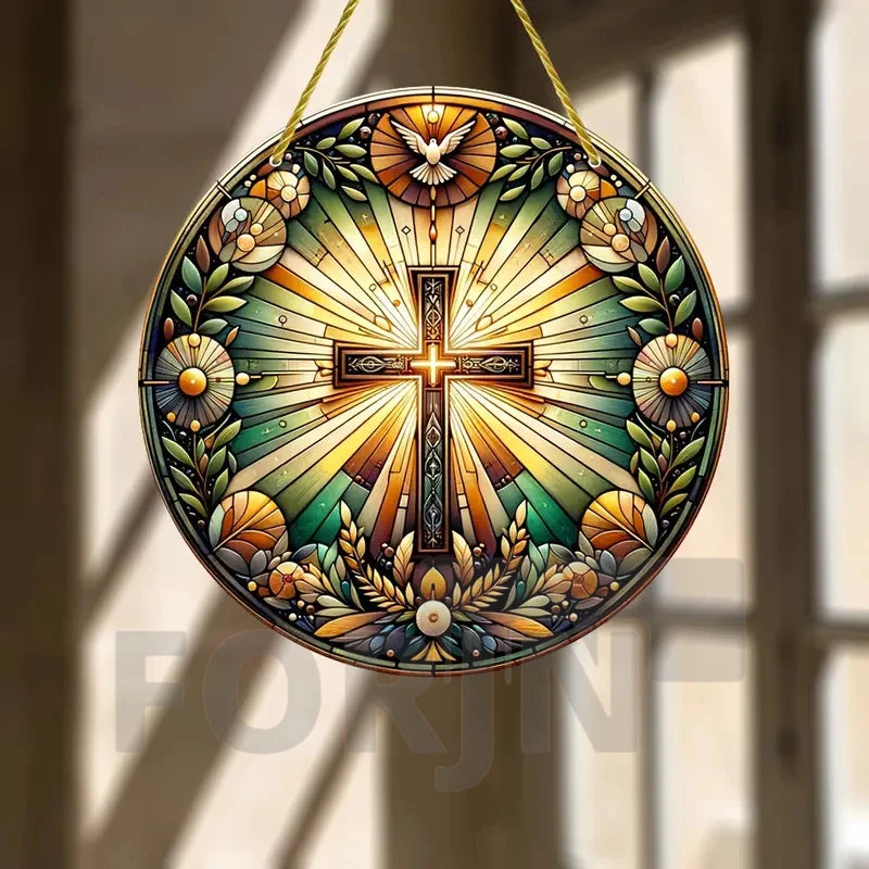 Cross Sun Catcher Acrylic Round Sign,Faux 3D Christianity Religious Pendant Plate,Home,Garden,Room,church,Holy Week&Easter Decor