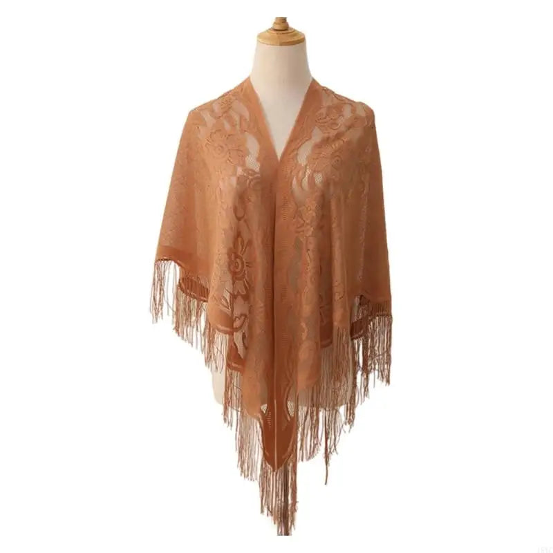 15YC Stylish Lace Ponchos with Fringed Edges Multiuse Shawl for Various Outfit Eye Catching Sunproof Triangle Shoulder Wrap