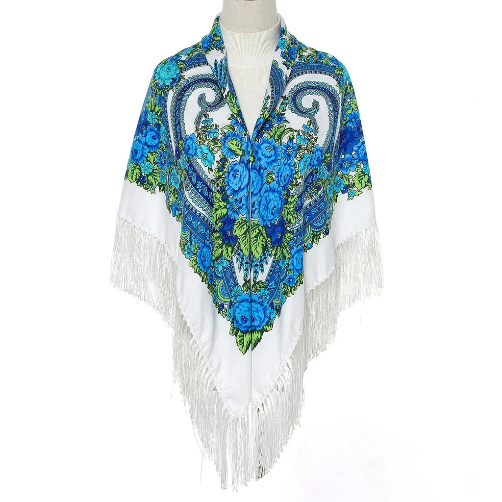 Women Luxury Floral Printed shawl Scarf for woman Square Babushka Handkerchief Head Wraps cardigan  Bohemia Retro Fringed Cape