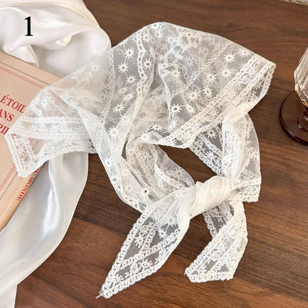 Elegant Lace Floral Hair Scarf Women Triangle Headscarf Korean Lace Up Neck Scarf Lace Flower Sunscreen Travel Photo Headband