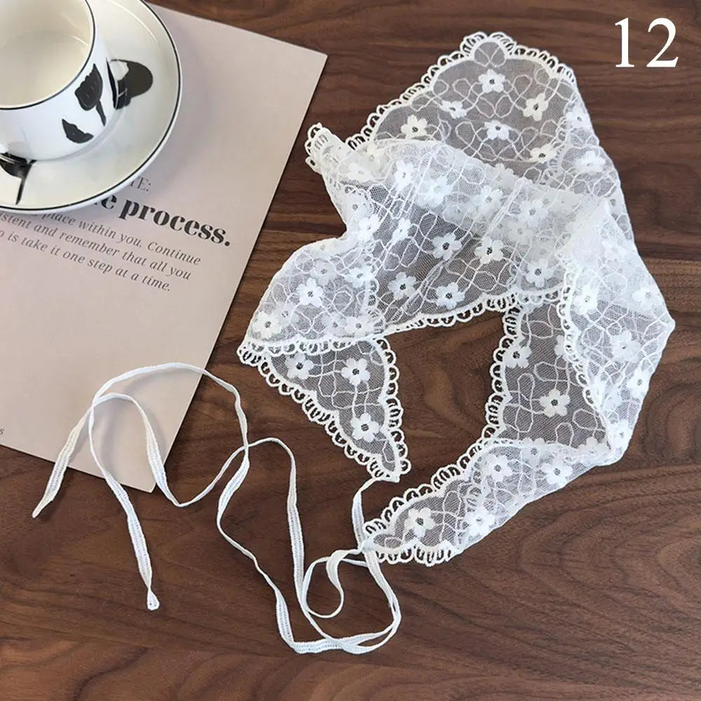 Elegant Lace Floral Hair Scarf Women Triangle Headscarf Korean Lace Up Neck Scarf Lace Flower Sunscreen Travel Photo Headband