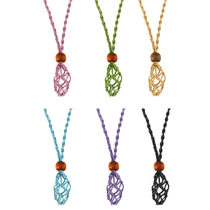 Retro Woven Natural Stone Pendant Necklace Net Pocket Hollow Handmade Jewelry Men and Women the Same Style Without Gems