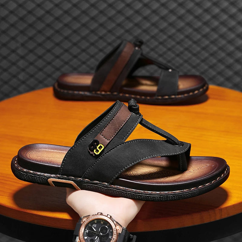 Men's Leather Slides Comfortable House Slippers Breathable Rubber Sole Indoor Outdoor Summer Sandals