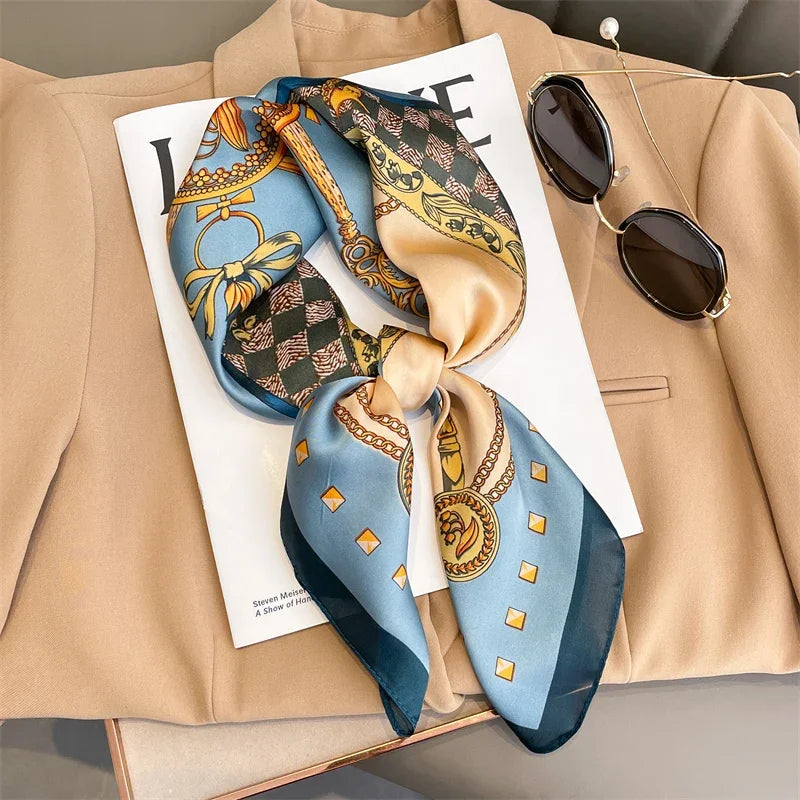 Luxury Brand Silk Square Plaid Scarf Women Satin Neck Hair Tie Band Soft work neckerchife 2024 NEW Hijab Head Female Foulard