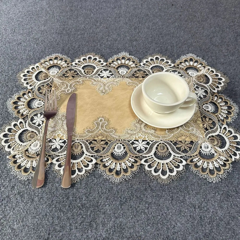 Fashionable Lace Table Cloth European Style Floral Embroidery Table Cloth Waterproof PU Mat Table Ornament