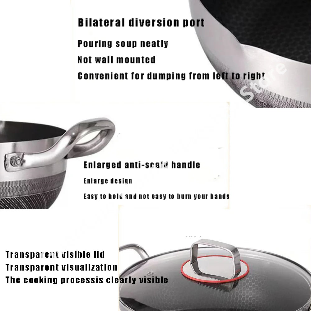 30cm Stainless Steel Wok Soup Pot Non-Stick Egg Frying Pan Honeycomb Induction Cooker Gas Stove General Durable Kitchen Cookware