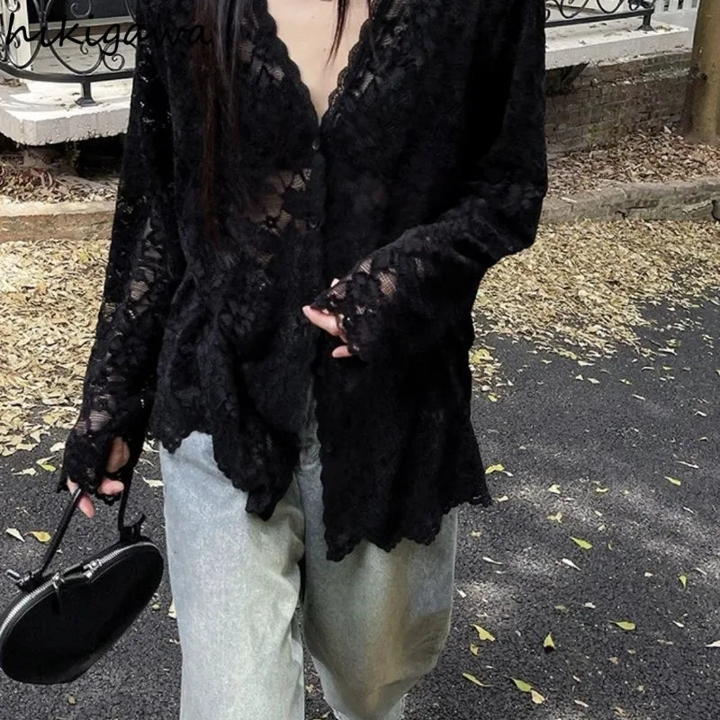 Long Sleeve Lace Blouses Women Clothing 2025 Blusas Mujer De Moda Hollow Out Sexy Tops See Through Fashion Summer White Shirts