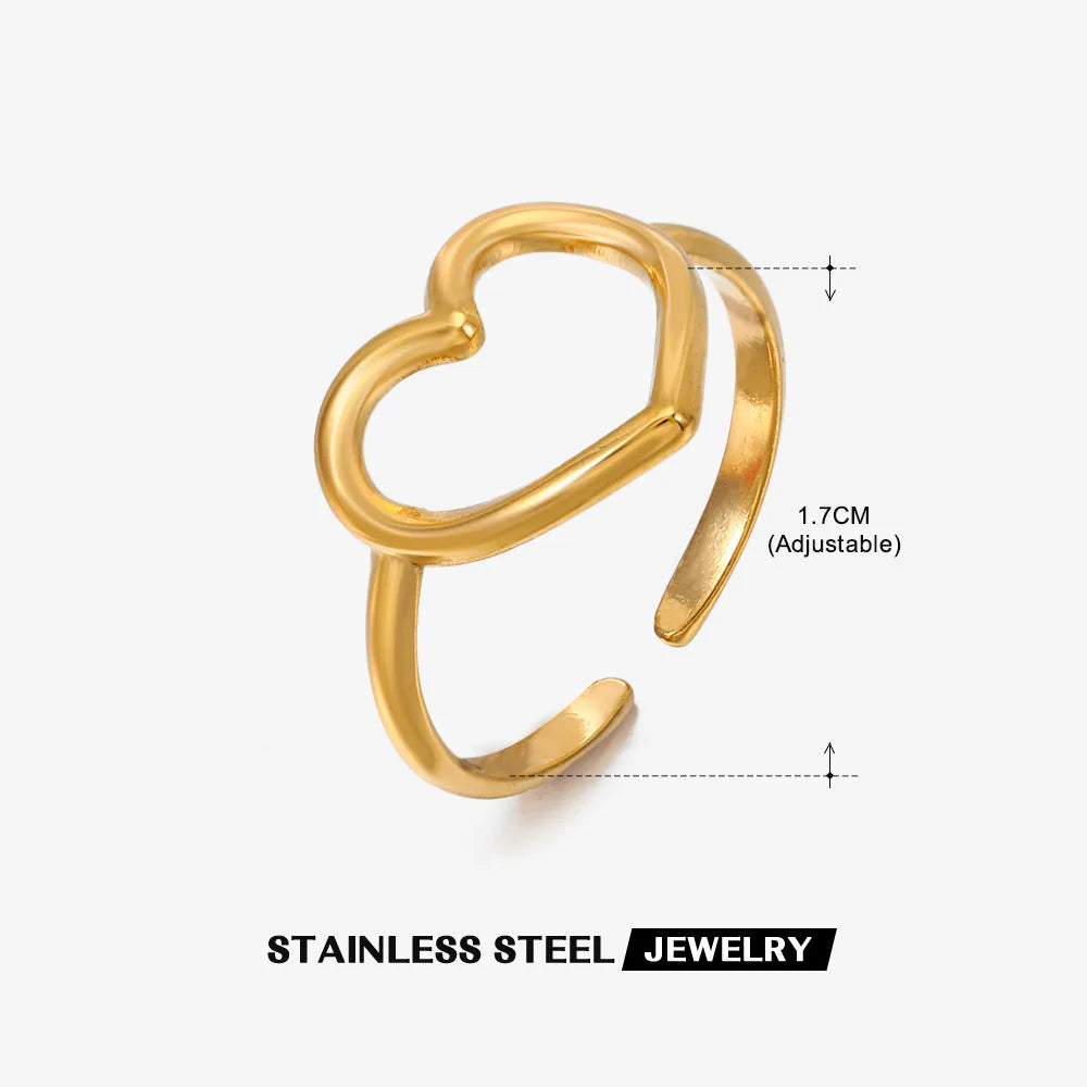 2023 New Gold Color Stainless Steel Finger Ring Minimalist Metal Heart Love Opening Ring for Women Girls Party Jewelry Gift