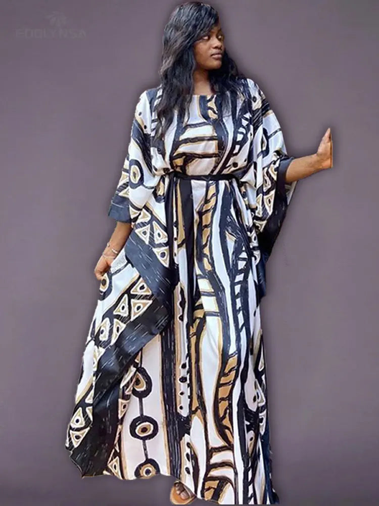 2025 Quick-drying Bohemian Printed Loose Summer Beach Dress Moroccan Kaftan Women Plus Size Beachwear Tassel Midi Dress Q897