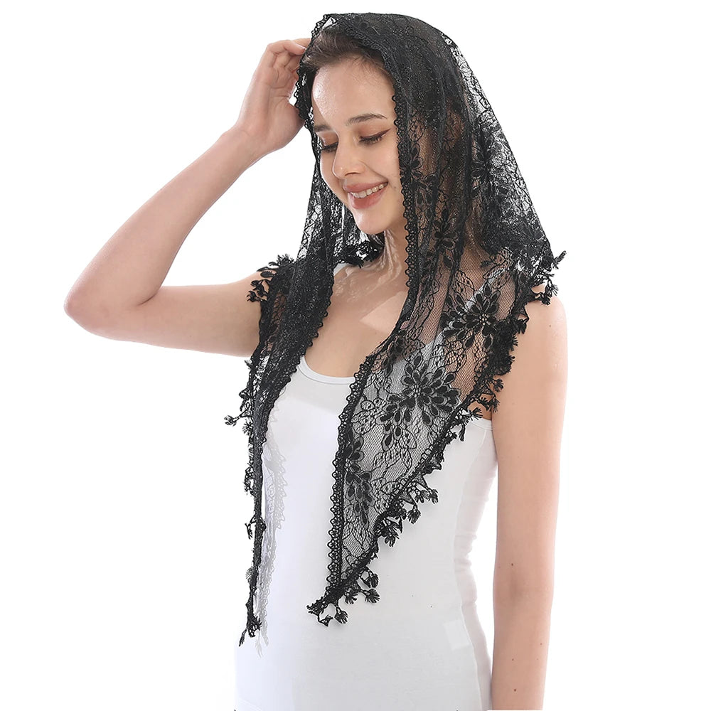 Fashion Church Shawl Lace Veil Polyester Scarf Bandana Church Prayer Wedding Mantilla Chapel White Embroidered Hijab Women Scarf