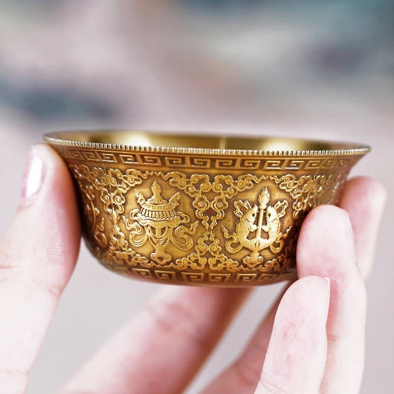 Relief Pure Copper Drinking Bowl Pure Brass Carved Auspicious Tibetan Holy Water Cup Golden Buddhist Bowl Home's Gift Decorative