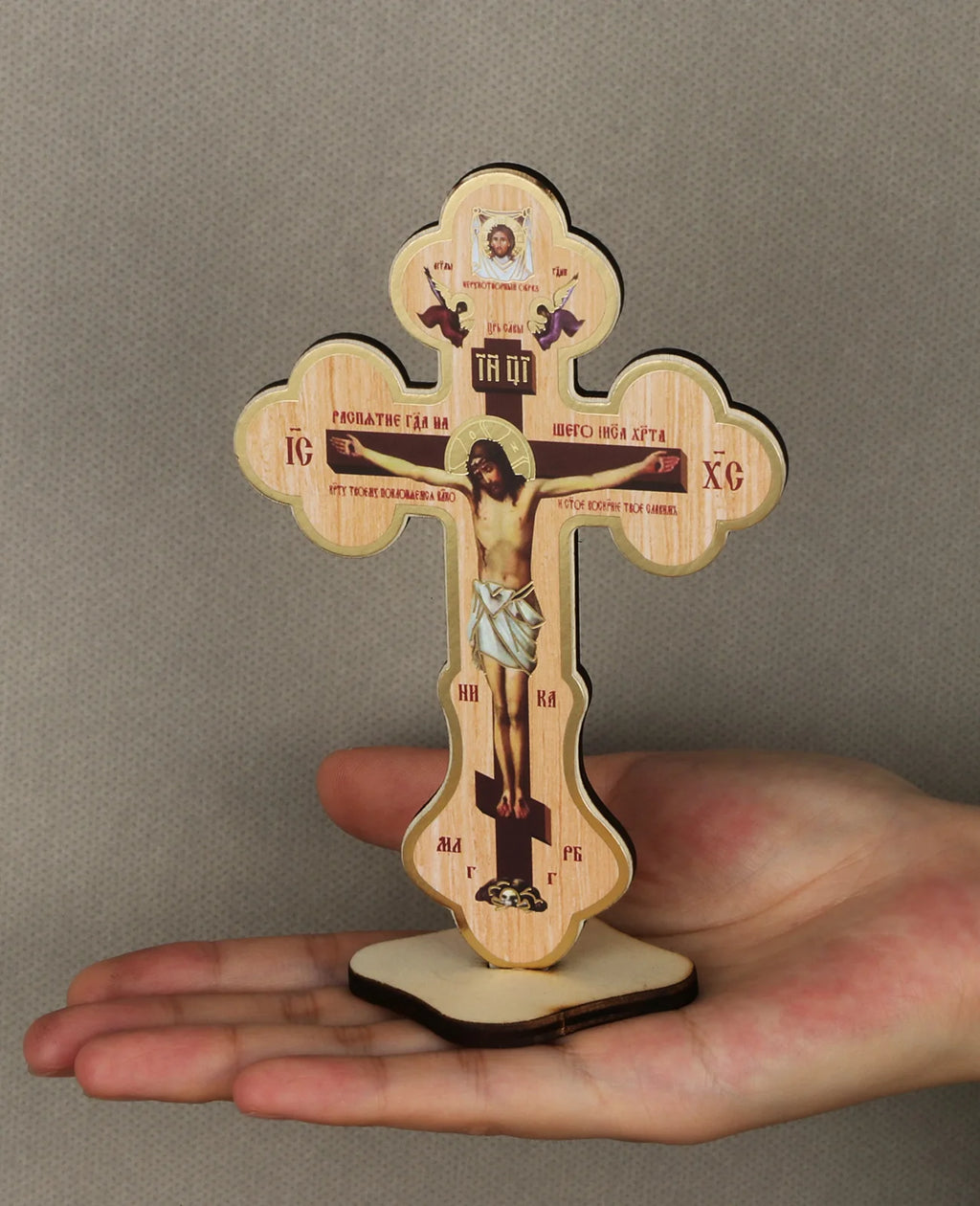 Christian Crucifix Jesus Christ Crosses Icon Ornament Wooden Jesus on Cross Stand Decoration Church Desktop Display Crafts Gift