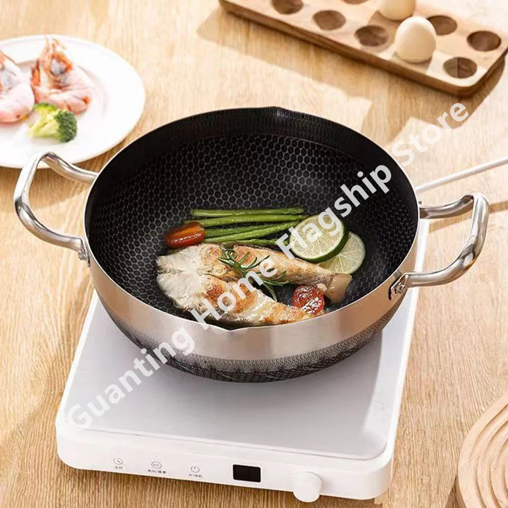 30cm Stainless Steel Wok Soup Pot Non-Stick Egg Frying Pan Honeycomb Induction Cooker Gas Stove General Durable Kitchen Cookware