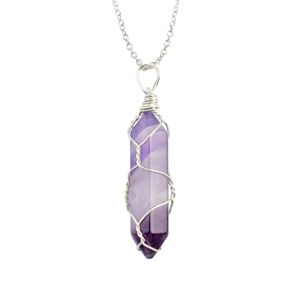 Jewelry Amethyst Tiger Eye Rose Quartz Natural Stone Hexagonal Cylindrical Crystal Necklace Wire Wrap Stone Pendant