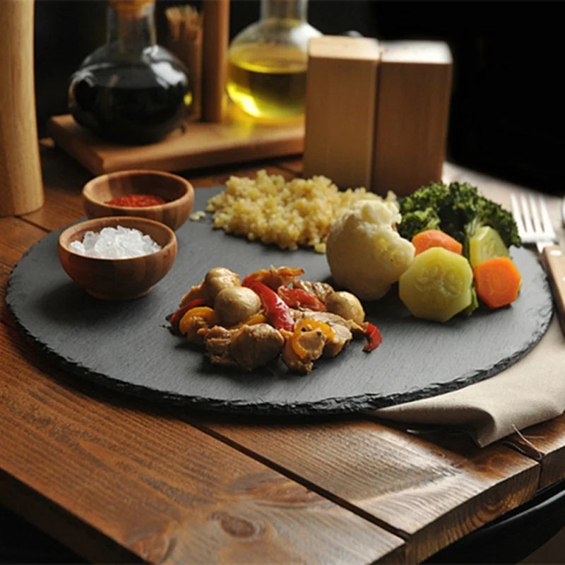 Round Natural Black Stone Slate Plate Serving Plate Cheese Pizza Dessert Cake Plate Western Steak Plates Cup Mug Rock Coaster