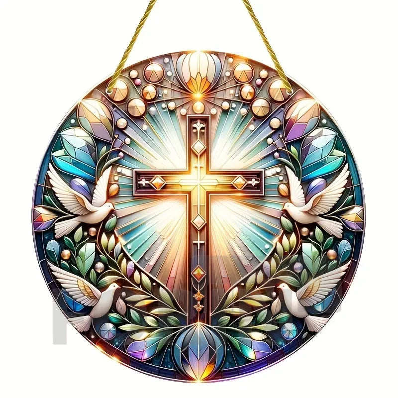 Cross Sun Catcher Acrylic Round Sign,Faux 3D Christianity Religious Pendant Plate,Home,Garden,Room,church,Holy Week&Easter Decor