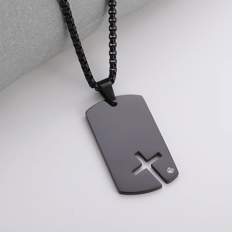 Stainless Steel Classic Geometric Polygonal Black Square Natural Stone Necklace Pendant for Men Fashion Casual Punk Jewelry Gift