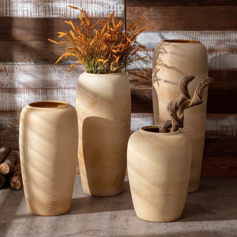 Floor Vase Jingdezhen Ceramic Large Vase Retro Nostalgic Handcrafted Rough Pottery Jar Living Room Vase Decoration