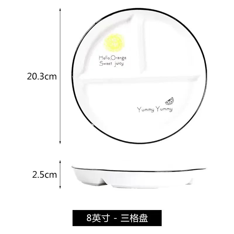 Ceramic Plate Cartoon Fat-reducing Sub-plate, Sub-plate, Household Dish Plate, Three-plate Breakfast Plate, Tableware Gift Set