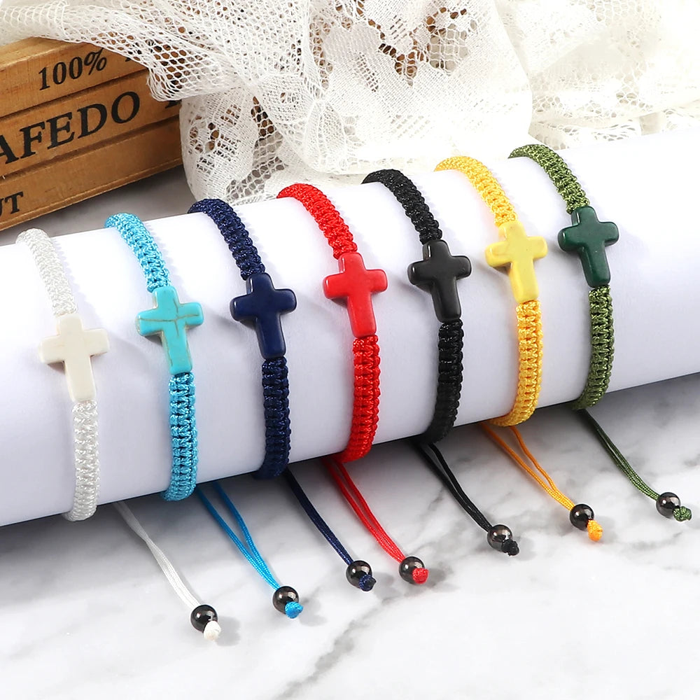 Simple Cross Prayer Bracelets Handmade Black White Braided Rope Couple Bracelets Men Women Fitness Wrap Wristbands Jewelry Gifts