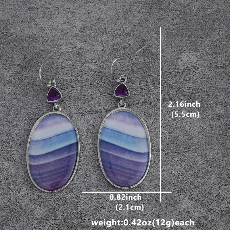 Boho Teardrop Earrings for Women Jaspers Silver Color Women Oval Purple Natural Stone Dangle Jewelry