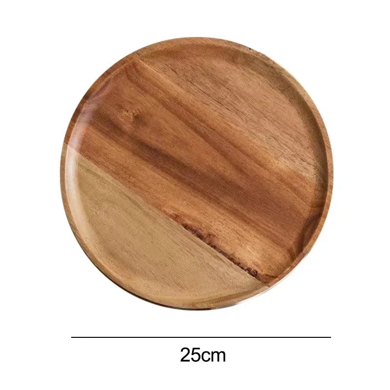 15/20/25cm Wooden Round Serving Platter Tray Retro Wood Pizza Salad Plate Fruit Dessert Tray Bread Cake Container Snacks Dish