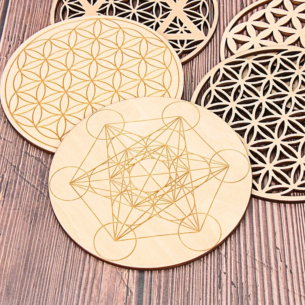 1PCS Chakra Flower of life Natural Symbol Wood Round Edge Circles Carved Coaster For Stone Crystal Set DIY Decor Mats Pads