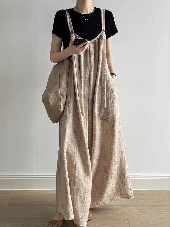 Ladies Cotton Linen Lazy Overalls Summer Drape Loose Casual Wide Leg Pants High Waist Long Trousers Comfortable Fit Casual Pants