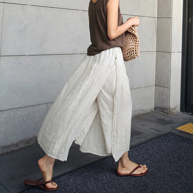Linen large slit skirt and pants one-piece women's spring and summer loose oversized casual cropped pants