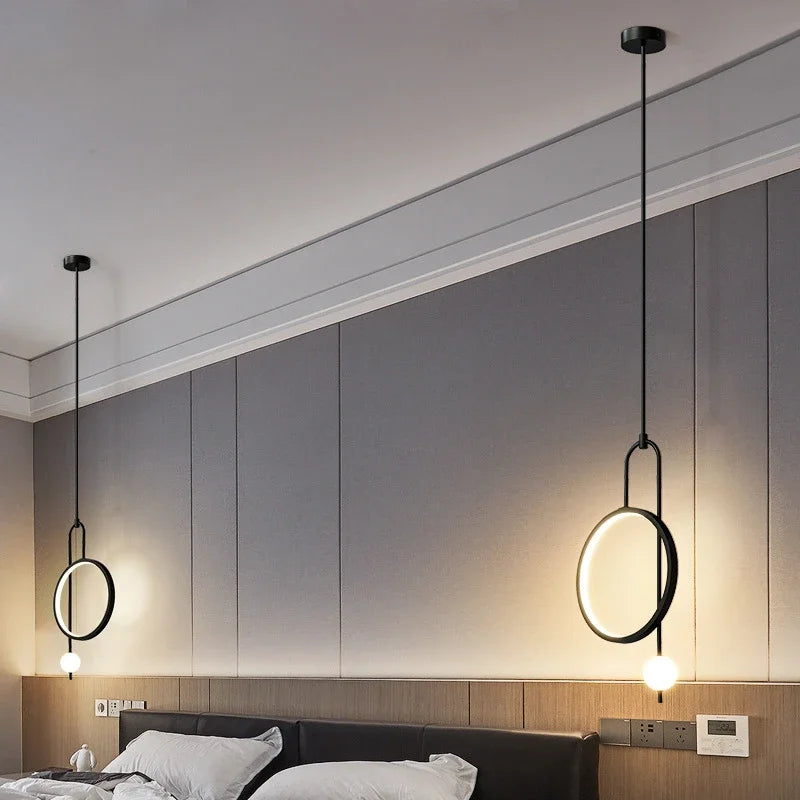 Modern Pendant Light Gold Ring Led Bedroom Bedside Hanging Lighting Minimalist Nordic Luxury Living Room Background Ball Lamp