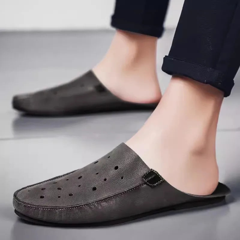 Genuine Leather Slippers For Men Slip on Flats Shoes Walking Shoes Men Half Slippers Comfortable  Household Casual Beach Sandals