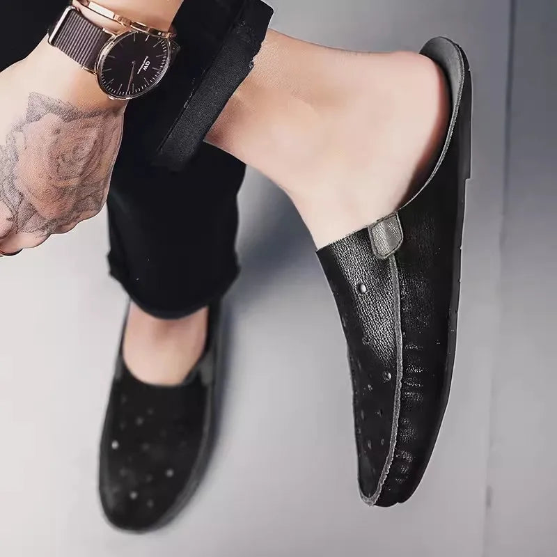 Genuine Leather Slippers For Men Slip on Flats Shoes Walking Shoes Men Half Slippers Comfortable  Household Casual Beach Sandals