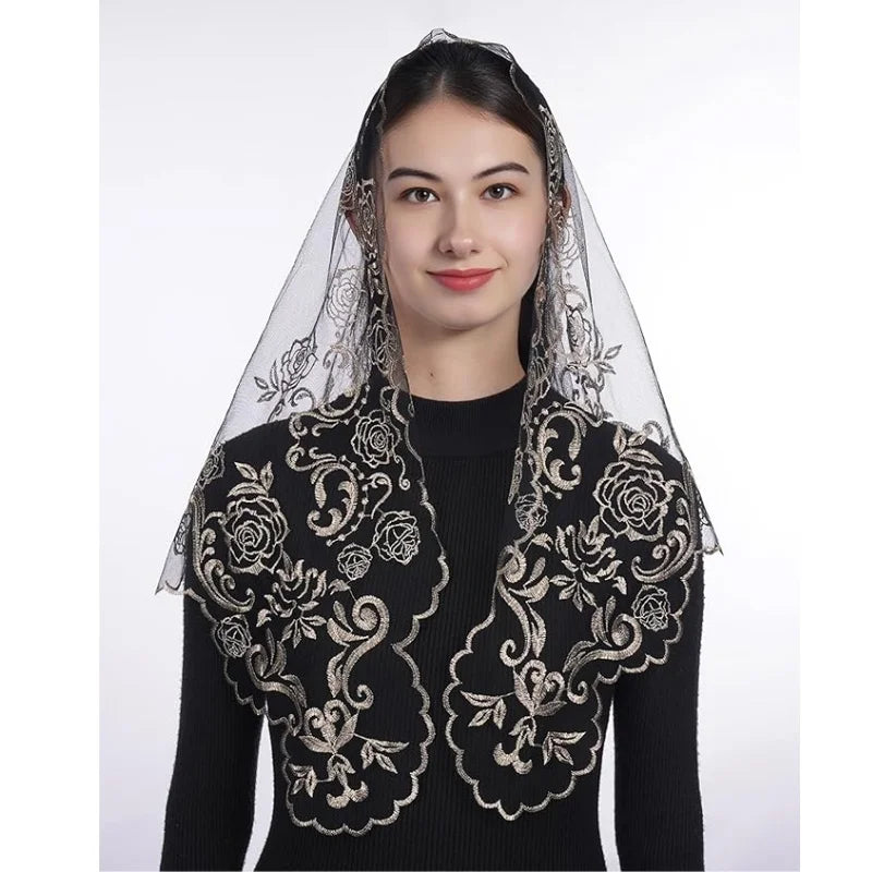 Women Head Covering Bridal Wedding Embroidery Catholic Church Veil