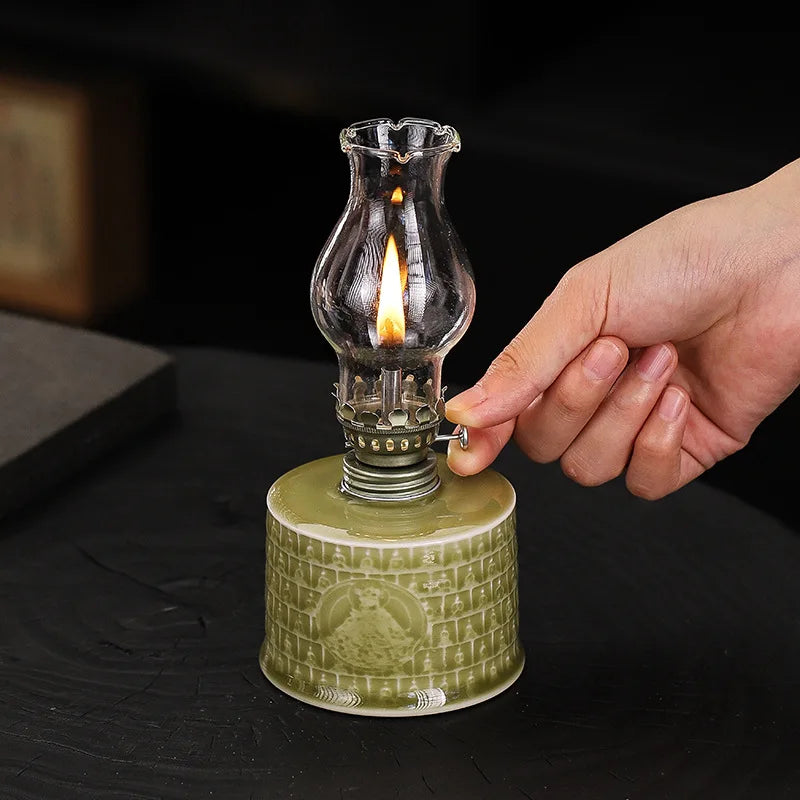 Vintage ceramic oil lamp, old desktop nostalgic butter lamp, home lighting atmosphere decoration ornaments, photography props