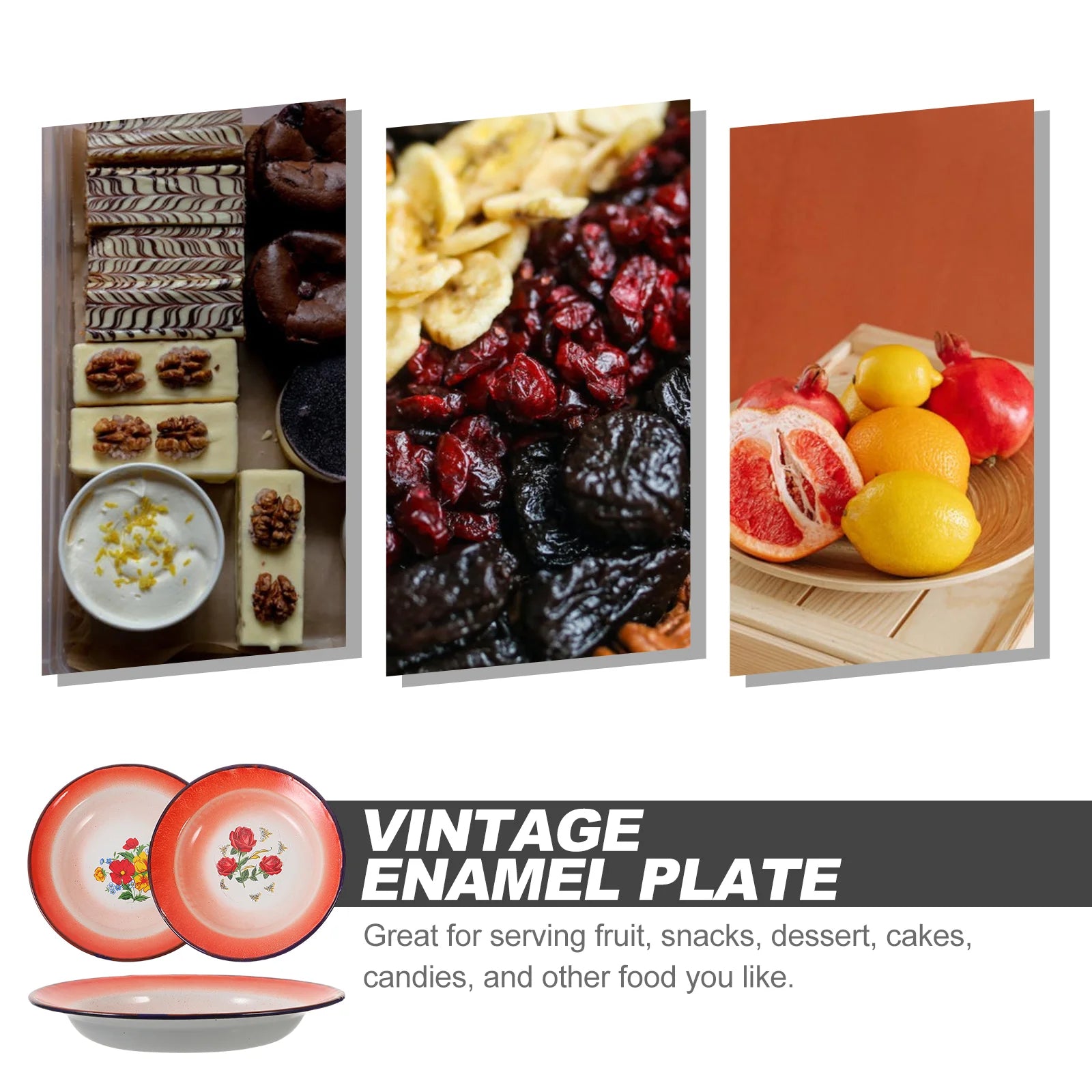 3 Pcs Vintage Enamel Plate Food Dish Pizza Serving Tray Snack Plates Salad Camping Condiment Containers Fruit Platter