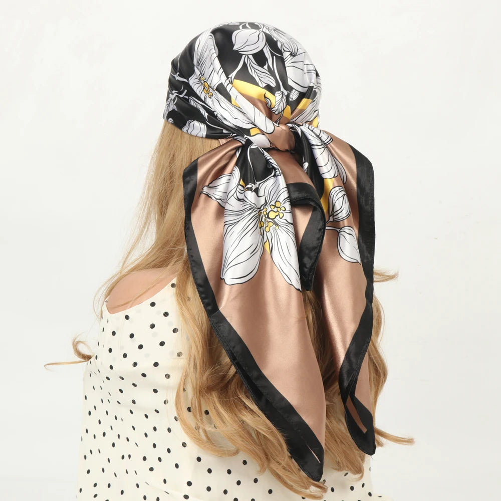Silk Head Scarf Women Luxury Fashion Hair Scarve Summer Foulard Femme Satin Shawl Kerchief 90cm Square Headscarf Bandana Cheveux